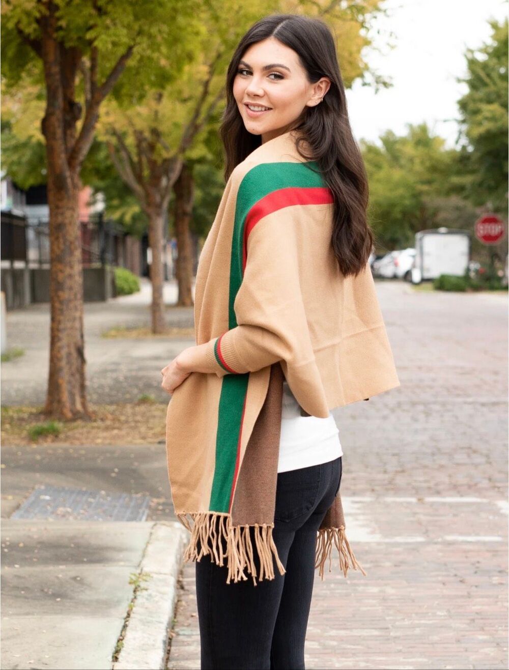 Tan fringed shawl with green and red stripe. Size free
